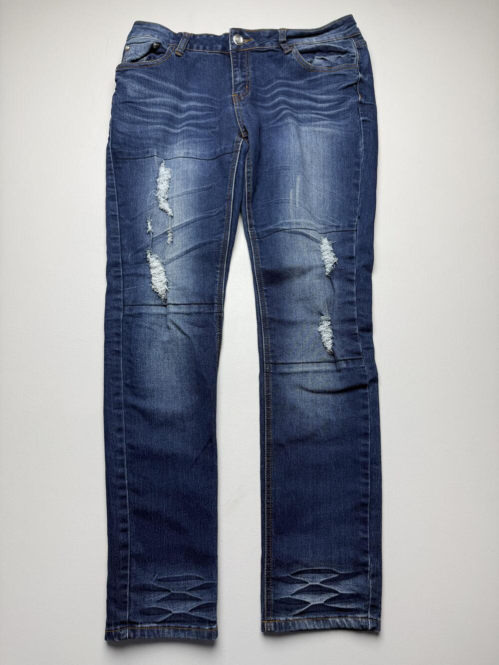 Minerva Jeans Juniors 15 Blue Medium Wash Skinny Distressed Rhinestone Stretch